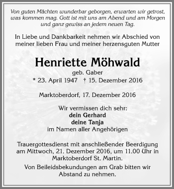 Traueranzeige von Henriette Möhwald von Allgäuer Zeitung, Marktoberdorf