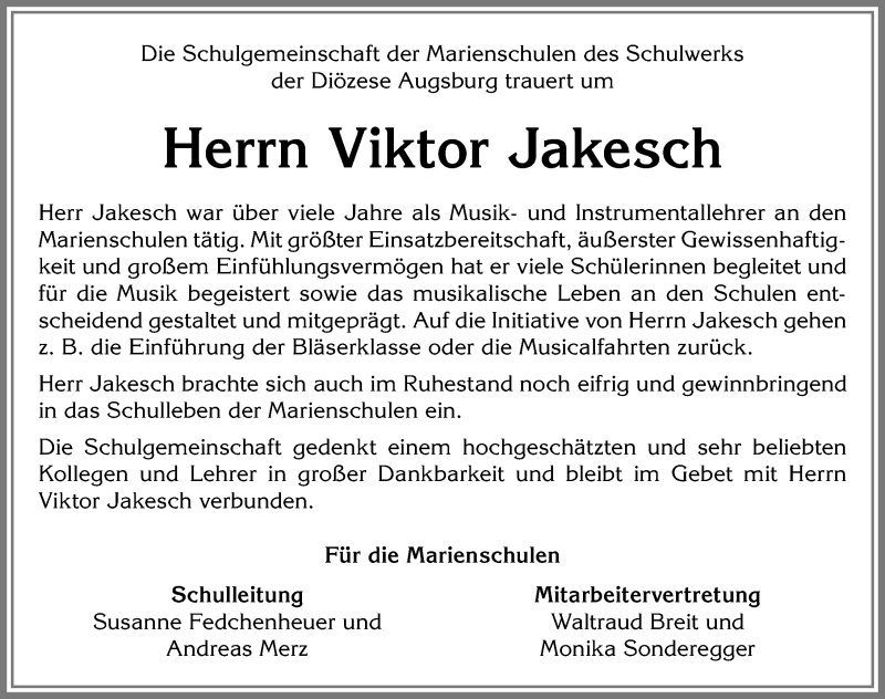  Traueranzeige für Viktor Jakesch vom 16.12.2016 aus Allgäuer Zeitung, Kaufbeuren/Buchloe