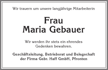 Traueranzeige von Maria Gebauer von Allgäuer Zeitung, Füssen