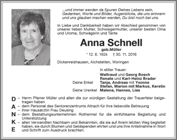 Traueranzeige von Anna Schnell von Memminger Zeitung