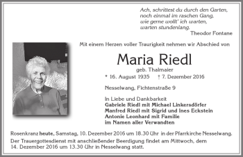 Traueranzeige von Maria Riedl von Allgäuer Zeitung, Füssen
