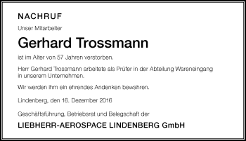 Traueranzeige von Gerhard Trossmann von Der Westallgäuer