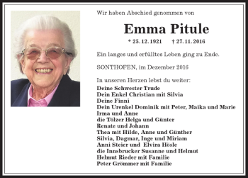 Traueranzeige von Emma Pitule von Allgäuer Anzeigeblatt