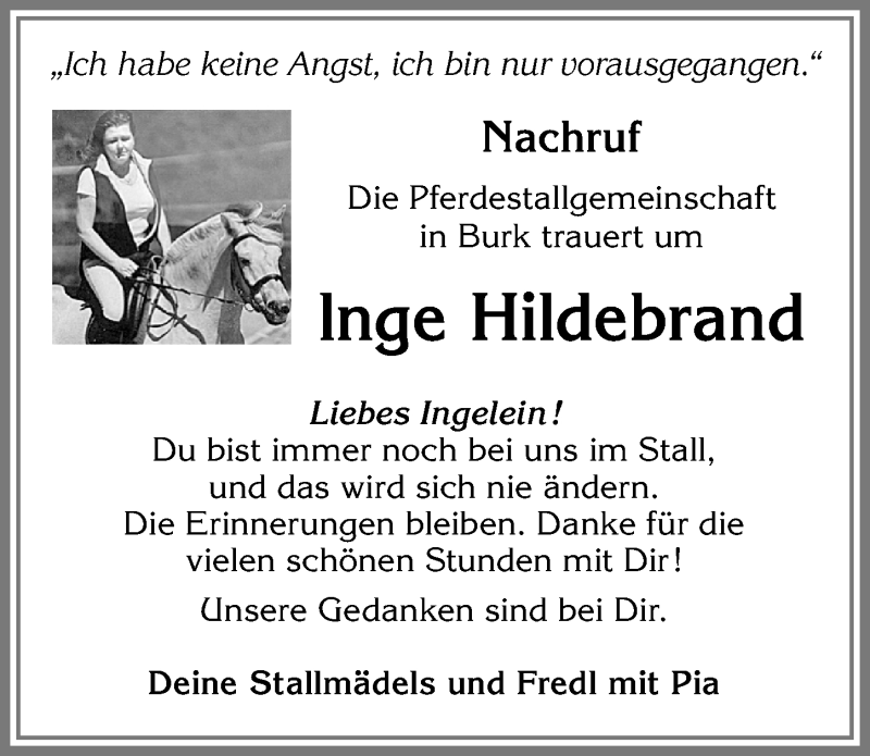  Traueranzeige für Inge Hildebrand vom 30.12.2016 aus Allgäuer Zeitung, Marktoberdorf