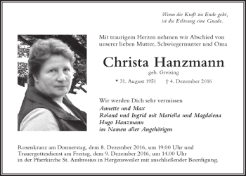 Traueranzeige von Christa Hanzmann von Der Westallgäuer