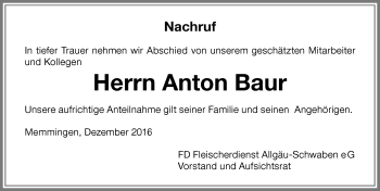 Traueranzeige von Anton Baur von Memminger Zeitung