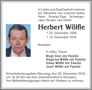 Traueranzeige von Herbert Wölfle von Allgäuer Zeitung,Kempten