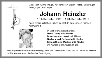 Traueranzeige von Johann Heinzler von Allgäuer Zeitung, Kaufbeuren/Buchloe