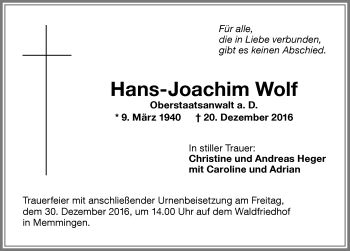 Traueranzeige von Hans-Joachim Wolf von Memminger Zeitung