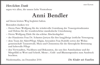 Traueranzeige von Anni Bendler von Der Westallgäuer