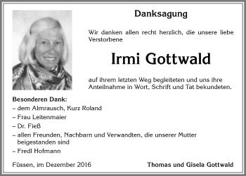 Traueranzeige von Irmi Gottwald von Allgäuer Zeitung, Füssen