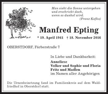 Traueranzeige von Manfred Epting von Allgäuer Anzeigeblatt