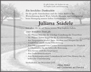 Traueranzeige von Juliana Städele von Der Westallgäuer