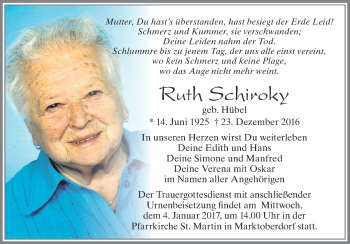Traueranzeige von Ruth Schiroky von Allgäuer Zeitung, Marktoberdorf