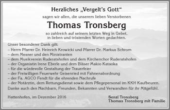 Traueranzeige von Thomas Tronsberg von Allgäuer Zeitung, Marktoberdorf