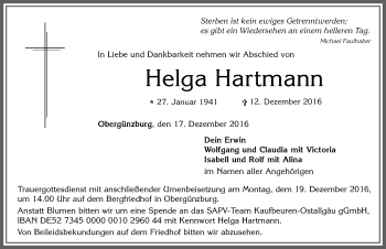 Traueranzeige von Helga Hartmann von Allgäuer Zeitung, Marktoberdorf