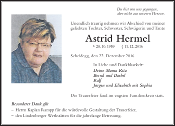 Traueranzeige von Astrid Hermel von Der Westallgäuer