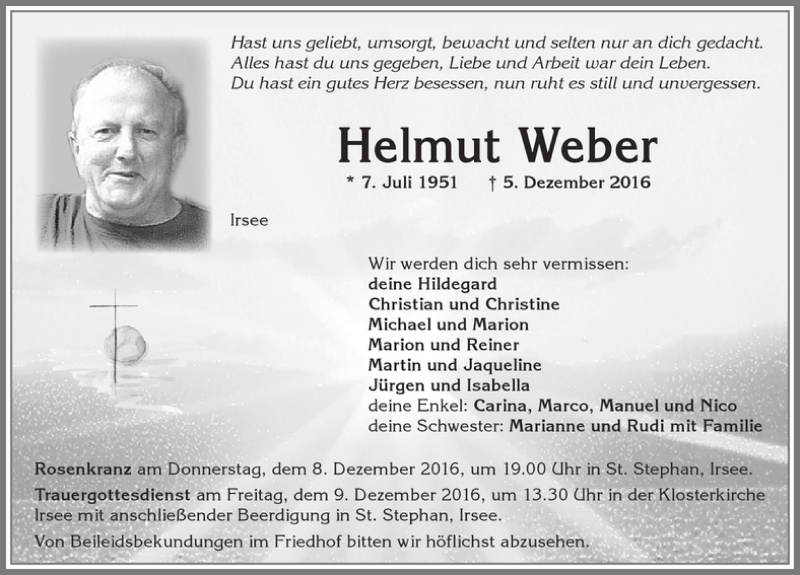  Traueranzeige für Helmut Weber vom 07.12.2016 aus Allgäuer Zeitung