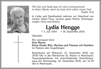Traueranzeige von Lydia Hengge von Allgäuer Zeitung,Kempten