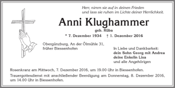 Traueranzeige von Anni Klughammer von Allgäuer Zeitung