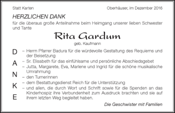 Traueranzeige von Rita Gardum von Der Westallgäuer