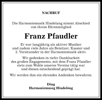 Traueranzeige von Franz Pfaudler von Allgäuer Anzeigeblatt