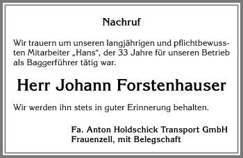 Traueranzeige von Johann Forstenhauser von Allgäuer Zeitung,Kempten