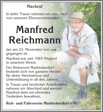 Traueranzeige von Manfred Reichmann von Allgäuer Zeitung, Marktoberdorf