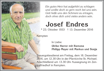 Traueranzeige von Josef Endres von Allgäuer Zeitung,Kempten
