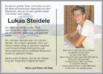 Traueranzeige von Lukas Steidele von Allgäuer Zeitung