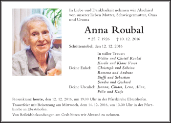 Traueranzeige von Anna Roubal von Der Westallgäuer