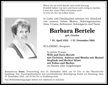 Traueranzeige von Barbara Bertele von Allgäuer Zeitung
