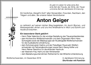 Traueranzeige von Anton Geiger von Memminger Zeitung