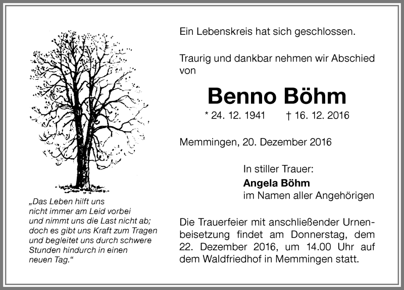  Traueranzeige für Benno Böhm vom 20.12.2016 aus Memminger Zeitung