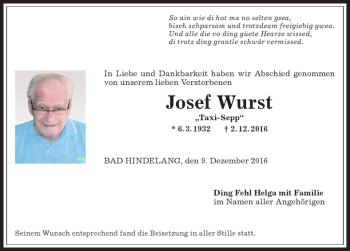 Traueranzeige von Josef Wurst von Allgäuer Anzeigeblatt
