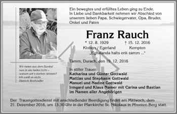 Traueranzeige von Franz Rauch von Allgäuer Zeitung,Kempten