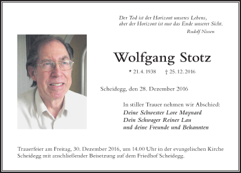 Traueranzeige von Wolfgang Stotz von Der Westallgäuer