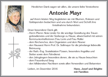 Traueranzeige von Antonie Mayr von Allgäuer Zeitung, Füssen