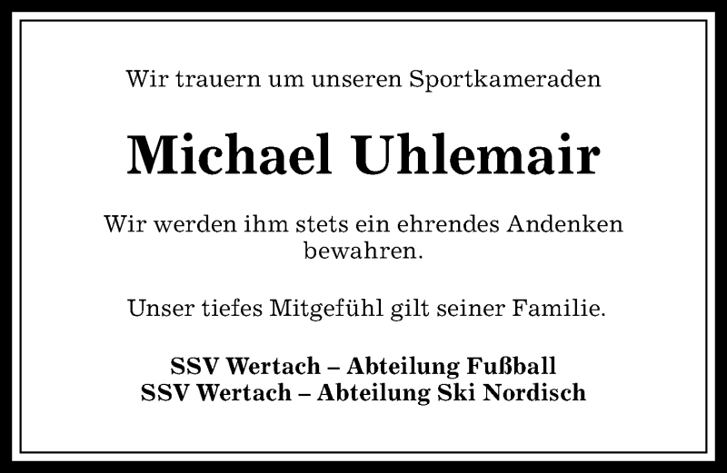  Traueranzeige für Michael Uhlemair vom 30.12.2016 aus Allgäuer Anzeigeblatt
