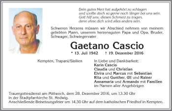 Traueranzeige von Gaetano Cascio von Allgäuer Zeitung,Kempten