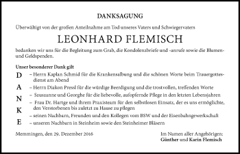 Traueranzeige von Leonhard Flemisch von Memminger Zeitung