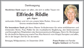 Traueranzeige von Elfriede Rödle von Allgäuer Zeitung,Kempten