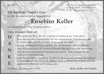 Traueranzeige von Eusebius Keller von Der Westallgäuer