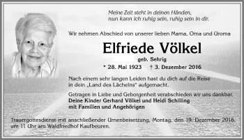 Traueranzeige von Elfriede Völkel von Allgäuer Zeitung, Kaufbeuren/Buchloe