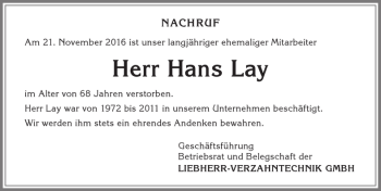 Traueranzeige von Hans Lay von Allgäuer Zeitung,Kempten