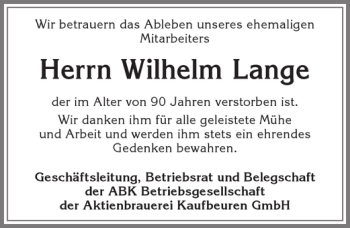 Traueranzeige von Wilhelm Lange von Allgäuer Zeitung, Kaufbeuren/Buchloe