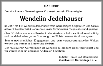 Traueranzeige von Wendelin Jedelhauser von Allgäuer Zeitung, Kaufbeuren/Buchloe