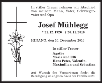 Traueranzeige von Josef Mühlegg von Allgäuer Anzeigeblatt