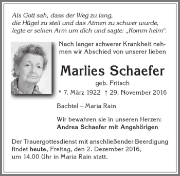 Traueranzeige von Marlies Schaefer von Allgäuer Zeitung,Kempten