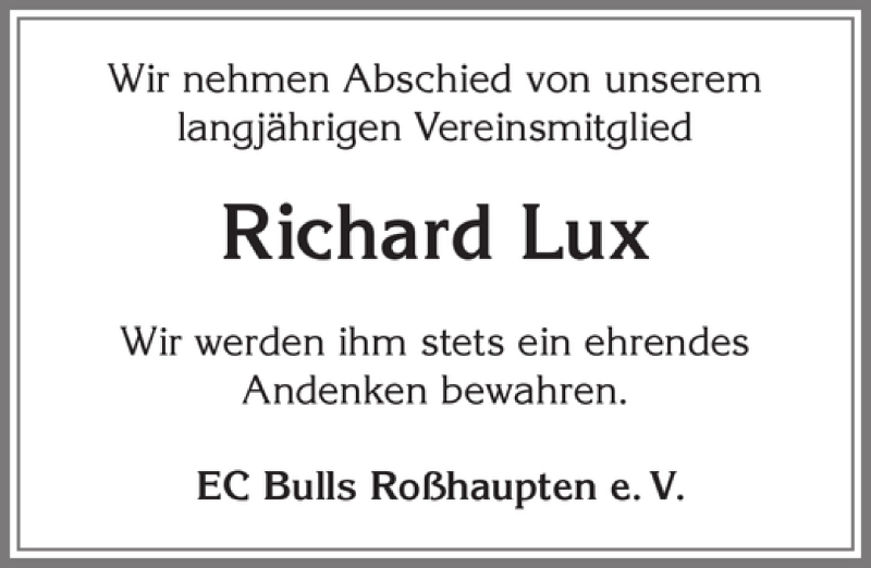  Traueranzeige für Richard Lux vom 13.12.2016 aus Allgäuer Zeitung, Füssen